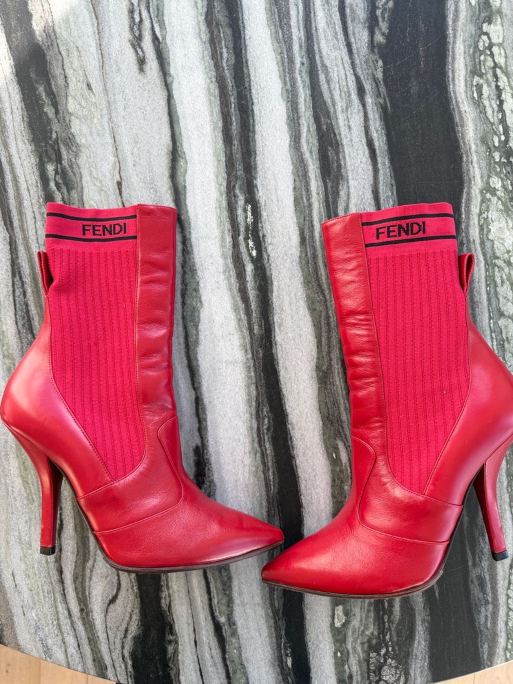 Fendi Red Leather & Knit Sock Ankle Boots